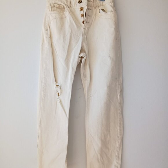 Zara Denim Collection Distressed High-Rise Button Fly Jeans - Off White, Size 00 - Picture 1 of 8